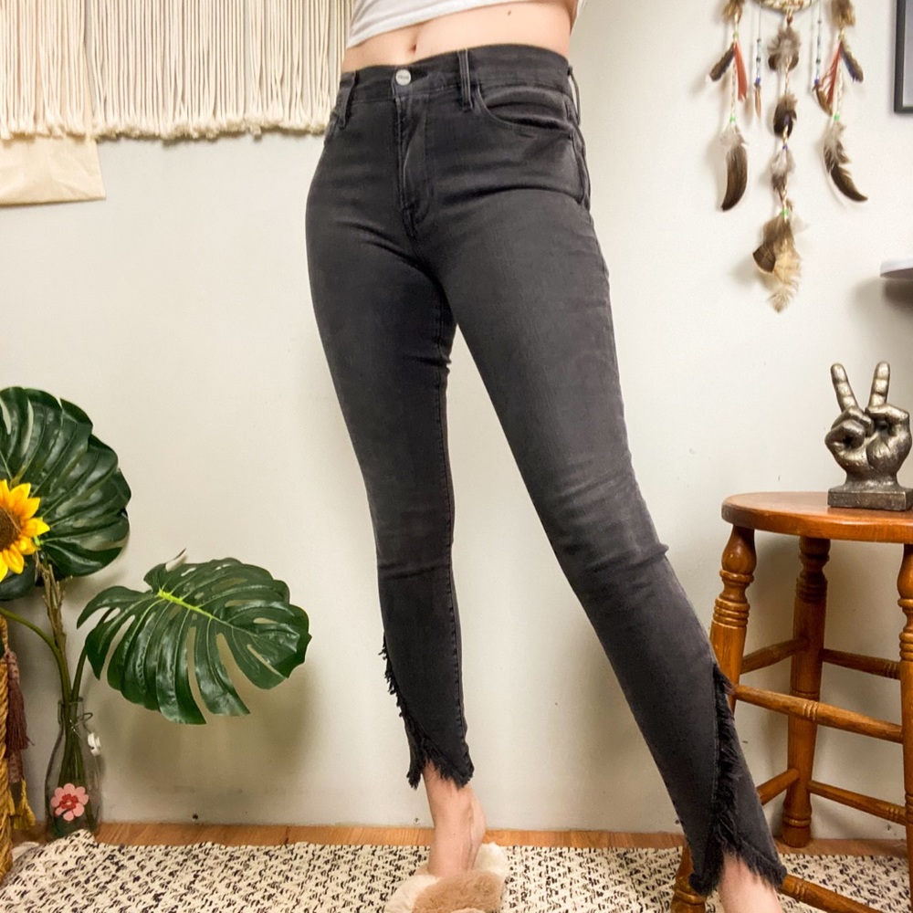 Frame Le High Skinny Black Denim Frayed Hem Ankle Jeans Size 27